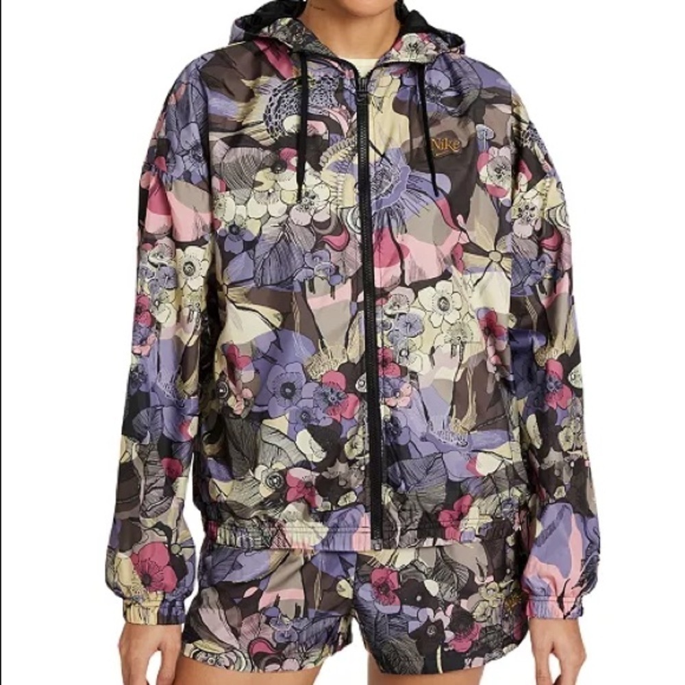 Nike Oversized Hooded Zip Up Jacket wind runner purple floral medium new